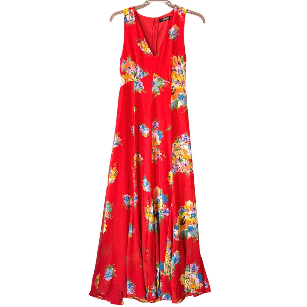Lauren Ralph Lauren Hibiscus Wedding Guest Dress Womens 0 Red Vacation Quiet Lux